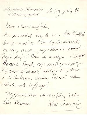 Lettre Autographe à entête de lAcadémie Française signée René Doumic, datée du 29 juin 1934 adre...