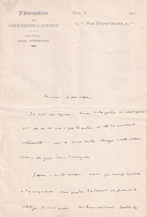 Bild des Verkufers fr Belle lettre autographe de LEBESGUE (Octave dit Georges Montorgueil) (1857-1933)  entte de l  Intermdiaire des Chercheurs Curieux, signe Georges Montorgueil adesse  un Confrre. zum Verkauf von JOIE DE LIRE