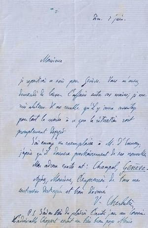 Lettre Autographe Signée Victor Cherbuliez."Monsieur, Je repartirai ce soir pour Genève , vous m...