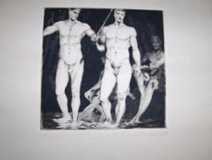 F. SUTTER: Original-Radierung : 2 Männer (Griechische Antik) mit Bleistift unten rechts signiert ...