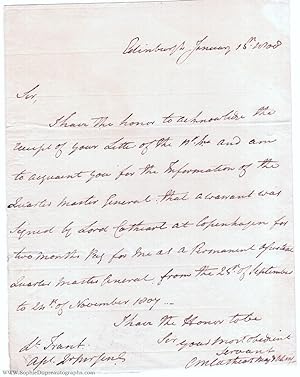 Autograph Letter Signed 'C.M. Cathcart Maj & AQMrG', (Charles Murray, 1783-1859, from 1810 Lord G...