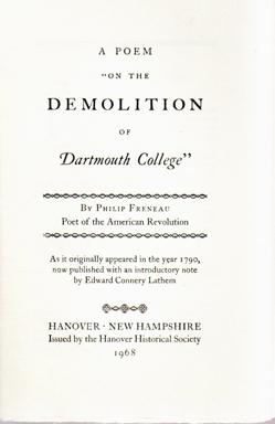 Bild des Verkufers fr A Poem "On the Demolition of Dartmouth College zum Verkauf von Sutton Books