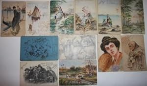 Collection of a Dozen Postcards Featuring Original Watercolors and Ink and Pencil Drawings