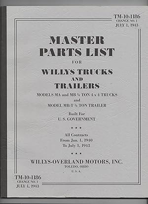 Seller image for Master Parts List for Willy's Trucks and Trailers MODELS MA and MB 1/4 TON 4X4 TON TRUCKS and MODEL MB-T 1/4 TON TRAILER BUILT FOR US GOVERNMENT Tm-10-1186 for sale by Anitabooks