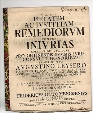 Bild des Verkufers fr Juristische Disputation. Pietatem ac iustitiam remediorum contra iniurias. zum Verkauf von Wissenschaftliches Antiquariat Kln Dr. Sebastian Peters UG