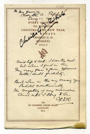 Printed Christmas Card for 1924-5 With a printed poem "The Aim". With a signed inscription from R...