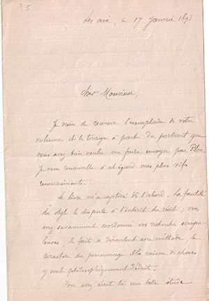 Seller image for Belle lettre autographe signe d'Albert Perrin adresse  Lonce PINGAUD, historien (Dijon, 1841 - Ornans, 1923). Remerciements pour l envoi d un exemplaire et des tirages  part d un portrait que Plon a envoy. Il  t captiv par le livre,etc. for sale by JOIE DE LIRE