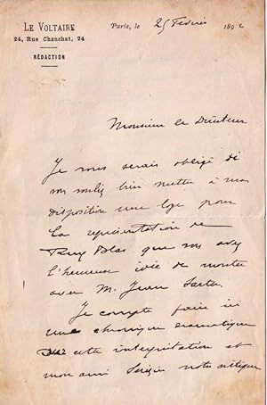 Lettre Autographe à entête du journal "Le Voltaire" signée Laya, au directeur du Théâtre de Rouen...