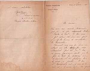 Lettre autographe à entête de l'Union Sportive du Collège de Meaux, signée de Charles Ebener à C...