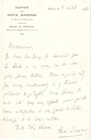 Lettre Autographe À Entête De La Revue Des Deux Mondes Signée René Doumic En Date Du 5 Avril 1931...