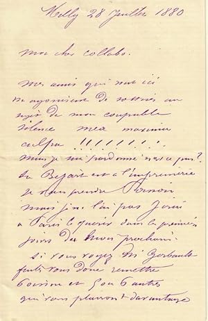Lettre Autographe signée de Adolphe LALAUZE à un ami collabo.Milly 28 juillet 1880. Il parle de G...