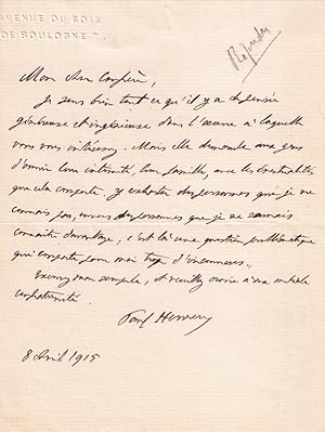 Lettre Autographe Signée HERVIEU (Paul) à l'adresse Avenue du Bois de Boulogne, adressée à un con...