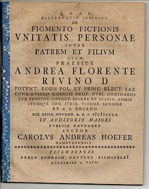 Seller image for Juristische Dissertation. De figmento fictionis unitatis personae inter patrem et filium. for sale by Wissenschaftliches Antiquariat K�ln Dr. Sebastian Peters UG