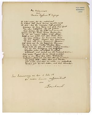 Imagen del vendedor de "Das Vaterunser aus Dantes Fegefeuer". Autograph manuscript (24 lines) signed ("Borchardt"). a la venta por Antiquariat INLIBRIS Gilhofer Nfg. GmbH