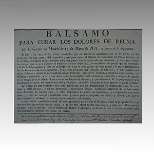 BÁLSAMO PARA CURAR LOS DOLORES DE REUMA. EN LA GACETA DE MADRID DE 19 DE MARZO DE 1818, SE ANUNCI...