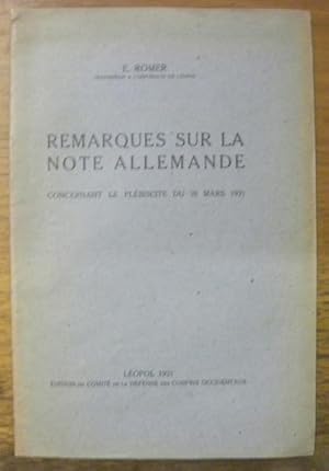 Bild des Verkufers fr Remarques sur la Note allemande concernant le plbiscite du 20 mars 1921. zum Verkauf von Bouquinerie du Varis