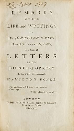 Bild des Verkufers fr Remarks on the Life and Writings of Dr. Jonathan Swift . In a Series of Letters . to his Son, the Honorable Hamilton Boyle zum Verkauf von James Cummins Bookseller, ABAA