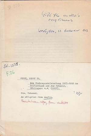 Die Shakespeareforschung 1937-1952 in Deuschland Und Der Schweiz.