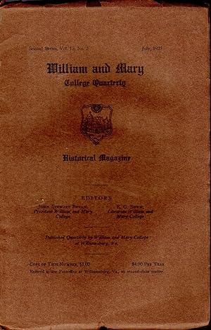 Bild des Verkufers fr William and Mary College Quarterly, Second Series, Vol. 15, No. 3: July, 1935 zum Verkauf von Dorley House Books, Inc.