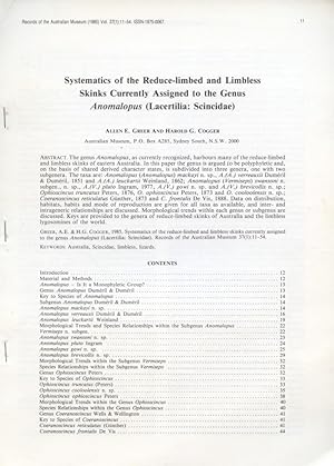 Bild des Verkufers fr Systematics of the Reduce-limbed and Limbless Skinks Currently Assigned to the Genus Anomalopus (Lacertilia: Scincidae) zum Verkauf von Frank's Duplicate Books