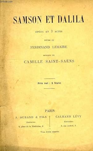 Seller image for SAMSON ET DALILA, OPERA EN 3 ACTES for sale by Le-Livre