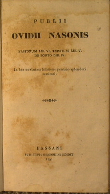 Bild des Verkufers fr Fastorum lib. VI Tristium Lib. V de Ponto Lib. IV zum Verkauf von Antica Libreria Srl