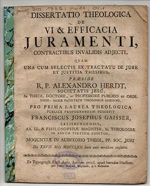 Bild des Verkufers fr Theologische Dissertation. De vi et efficacia iuramenti, contractibus invalidis adiecti. zum Verkauf von Wissenschaftliches Antiquariat Kln Dr. Sebastian Peters UG