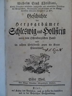 Seller image for Geschichte der Herzogthmer Schleswig und Hollstein. 1. und 2. Bd. (von 4). Kiel, Selbstverlag, 1781 & Kiel, Hamburg, Dessau, Bohn, 1784. 11 Bll., X, 548 S., 14 Bll.; XXXII, 518 S., 21 Bll. Mit 2 TVign. Hldr.-Bde. d. Zt. mit 2 RSch. u. RVerg. (Deckel beschabt, 1 RSchild unvollstndig). for sale by Antiquariat Daniel Schramm e.K.