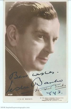 Postcard photo in colour, signed, inscribed and dated, (Leslie, 1890-1952, British Actor)