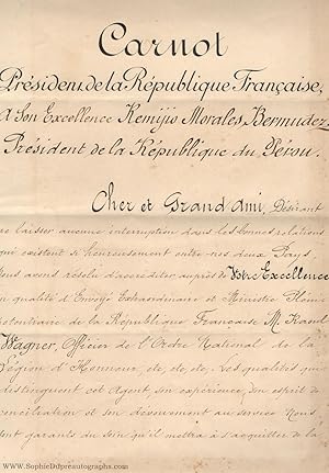 Finely penned Document signed, in French with translation, to the President of Peru, (Sadi, 1837-...