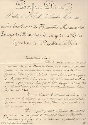 Finely penned Document signed, in Spanish with translation, (Porfírio, President of Mexico 1877-1...