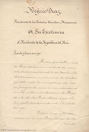 Finely penned Document signed, in Spanish with translation, to the President of Peru, (Porfírio, ...