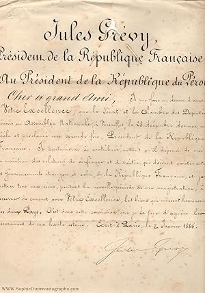 Finely penned Document signed, in French with translation, to the President of Peru, (Jules, 1813...