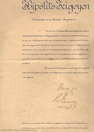 Finely penned Document signed, in Spanish with translation, (Hipólito, 1850-1933, President of Ar...