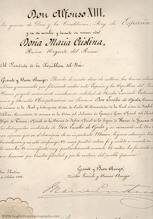 Finely penned Document signed, in Spanish with translation, to the President of Peru, (1858-1929,...