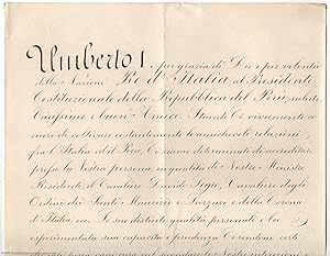 Finely penned Document signed, in Italian with translation, to the President of Peru, (1844-1900,...