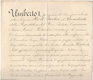 Finely penned Document signed, in Italian with translation, to the President of Peru, (1844-1900,...