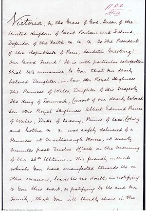 Document signed, to the President of Peru, (1819-1901, from 1837 Queen of Great Britain)