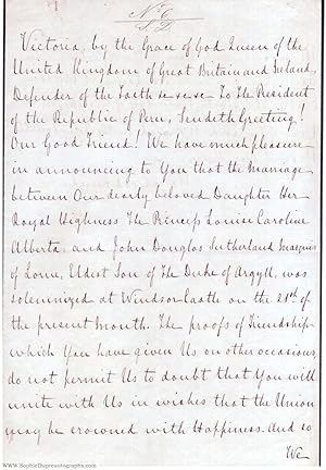 Document signed, to the President of Peru, (1819-1901, from 1837 Queen of Great Britain)