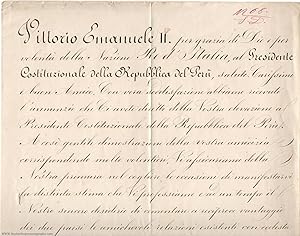 Finely penned document signed, to Col. José Balta, (1820-1878, first King of Italy)
