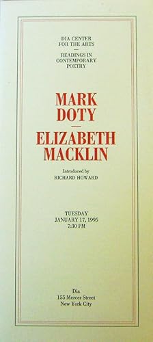 Imagen del vendedor de Dia Center for the Arts - Readings in Contemporary Poetry; Two Broadside Poems (Tunnel Music by Mark Doty and A Chance Small Fruit by Elizabeth Macklin) a la venta por Derringer Books, Member ABAA