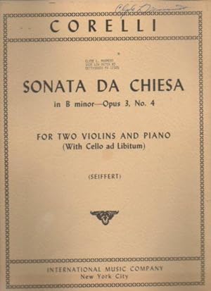 Bild des Verkufers fr Sonata Da Chiesa in B Minor - Opus 3, No. 4 for Two Violins and Piano (with Cello ad Libitum) Internaitonal Music Company No. 414 zum Verkauf von Bookfeathers, LLC