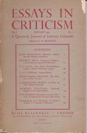 Essays in Criticism; Quarterly Journal of Literary Criticism, Vol. I, No. 1, January 1951