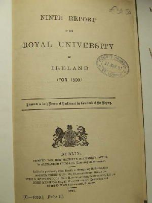 Bild des Verkufers fr Ninth report of the Royal University of Ireland for 1890 zum Verkauf von Kennys Bookstore
