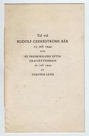 Image du vendeur pour Tal vid Rudolf Cederstrms br 27. juli 1944 och p Fredrikslund efter gravsttningen 30. juli 1944. mis en vente par Hatt Rare Books ILAB & CINOA