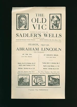 Seller image for Abraham Lincoln: Souvenir Theatre Programme Performed at The Old Vic. Waterloo Road. Sadler's Wells, Rosebery Avenue, London Season 1931-1932 for sale by Little Stour Books PBFA Member