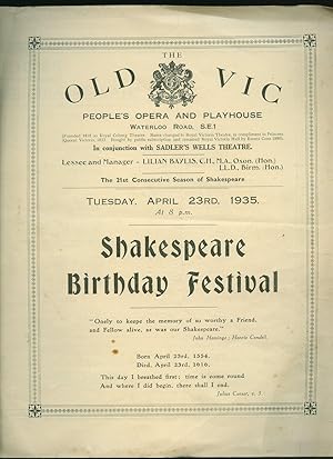 Seller image for Shakespeare Birthday Festival: Souvenir Theatre Programme Performed at The Old Vic. Waterloo Road Run in Connection with Sadler's Wells, Rosebery Avenue, London 1935 for sale by Little Stour Books PBFA Member