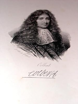 Lithographie originale du 19e siècle. Un portrait de Colbert par Delpech. Fax-similé de sa signat...