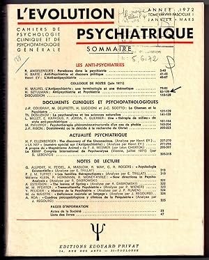 Seller image for L'Evolution Psychiatrique- Cahiers de Psychologie Clinique et de Psychopathologie Gnrale : janvier - mars 1972: Tome XXXVII - fasc. 1 for sale by MAGICBOOKS