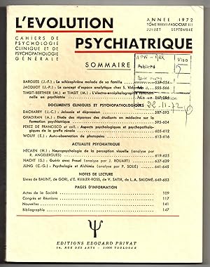 Image du vendeur pour L'Evolution Psychiatrique- Cahiers de Psychologie Clinique et de Psychopathologie Gnrale : juillet - septembre 1972: Tome XXXVII - fasc. 3 mis en vente par MAGICBOOKS